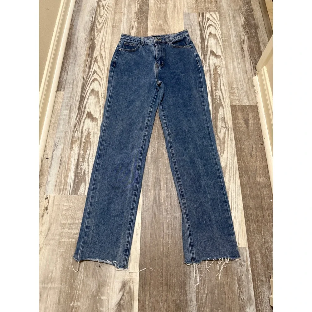 PrettyLittleThing Blue Denim Jeans‎ Raw Hem High Waist Straight Leg Size 4